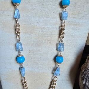Vintage Blue Lucite & Clear Confetti Bead Gold-Tone Chain Necklace – 19 Inches